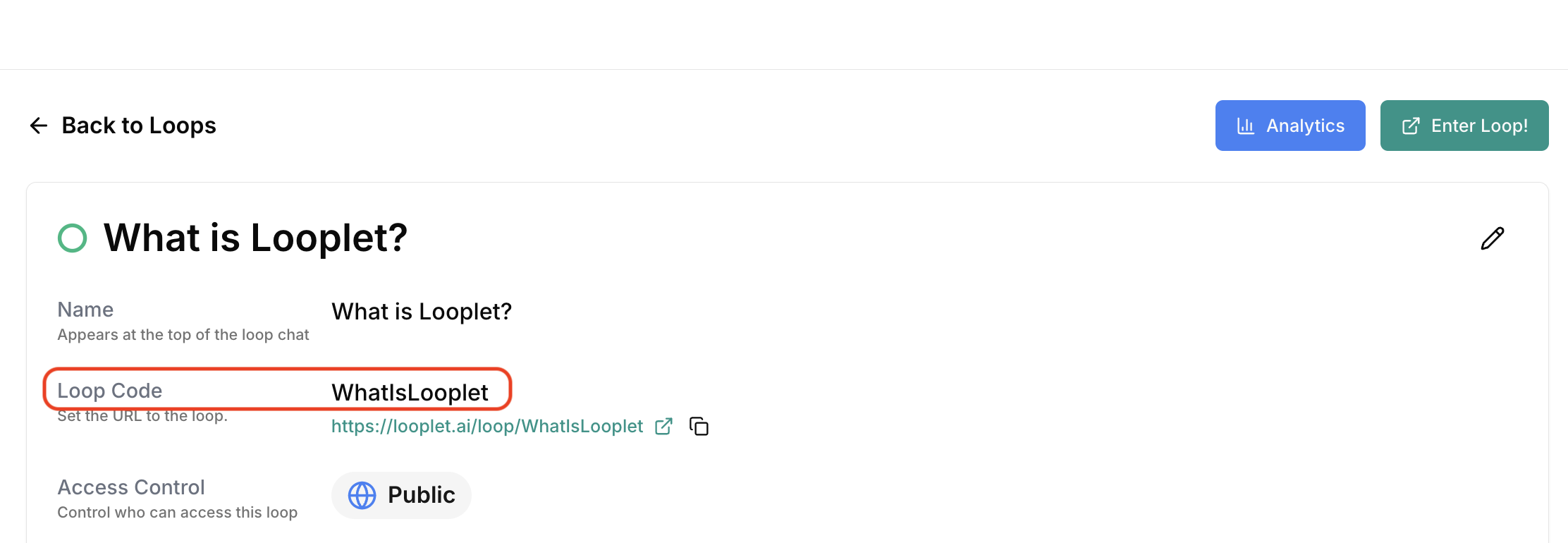 A Loop Deatils page with the Loop Code highlighted. A Loop Deatils page with the Loop Code highlighted.