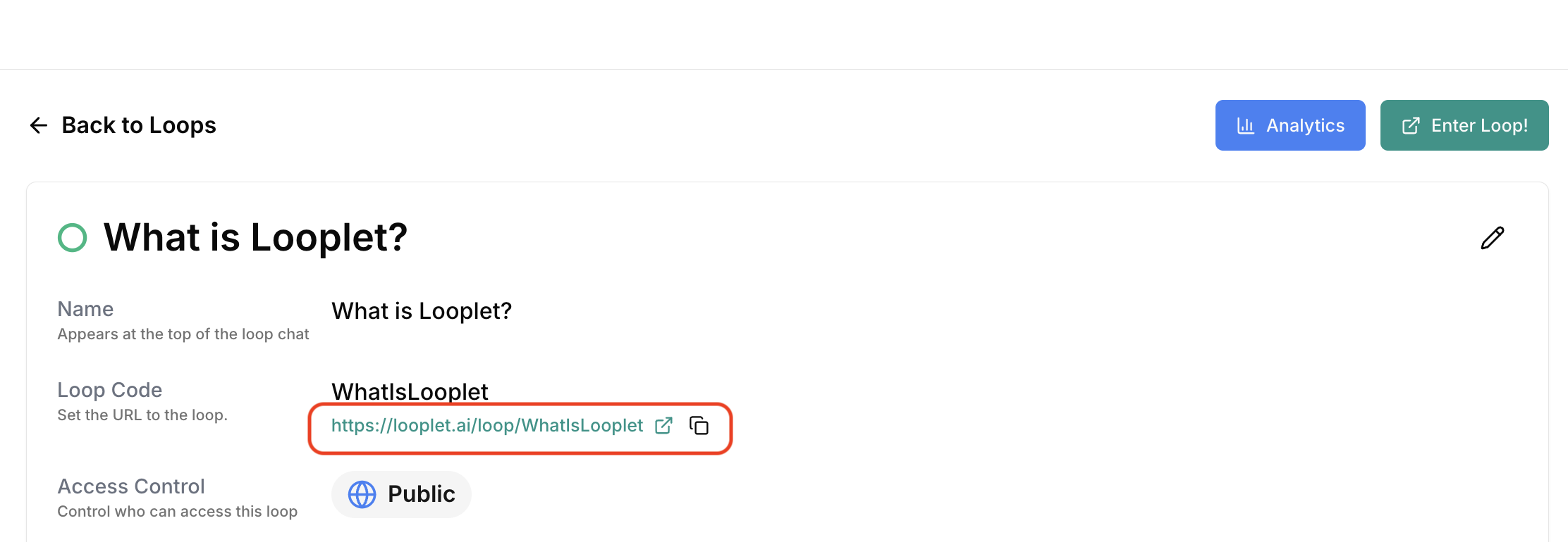 A Loop Deatils page with the Loop Link highlighted. A Loop Deatils page with the Loop Link highlighted.