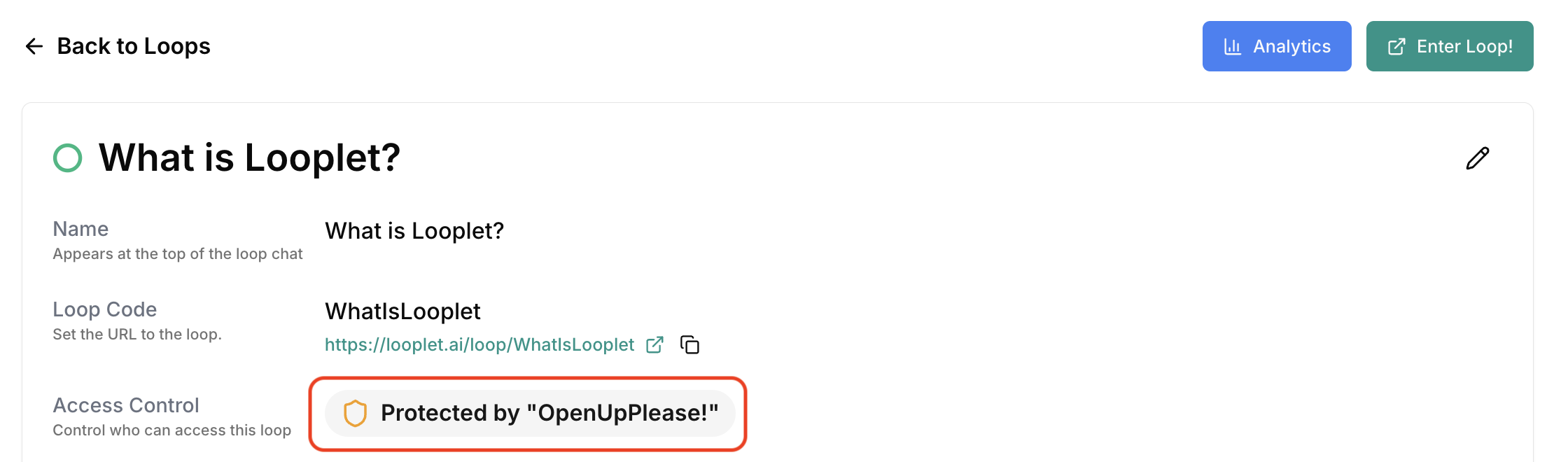 A Loop Deatils page with the Loop Passphrase highlighted. A Loop Deatils page with the Loop Passphrase highlighted.